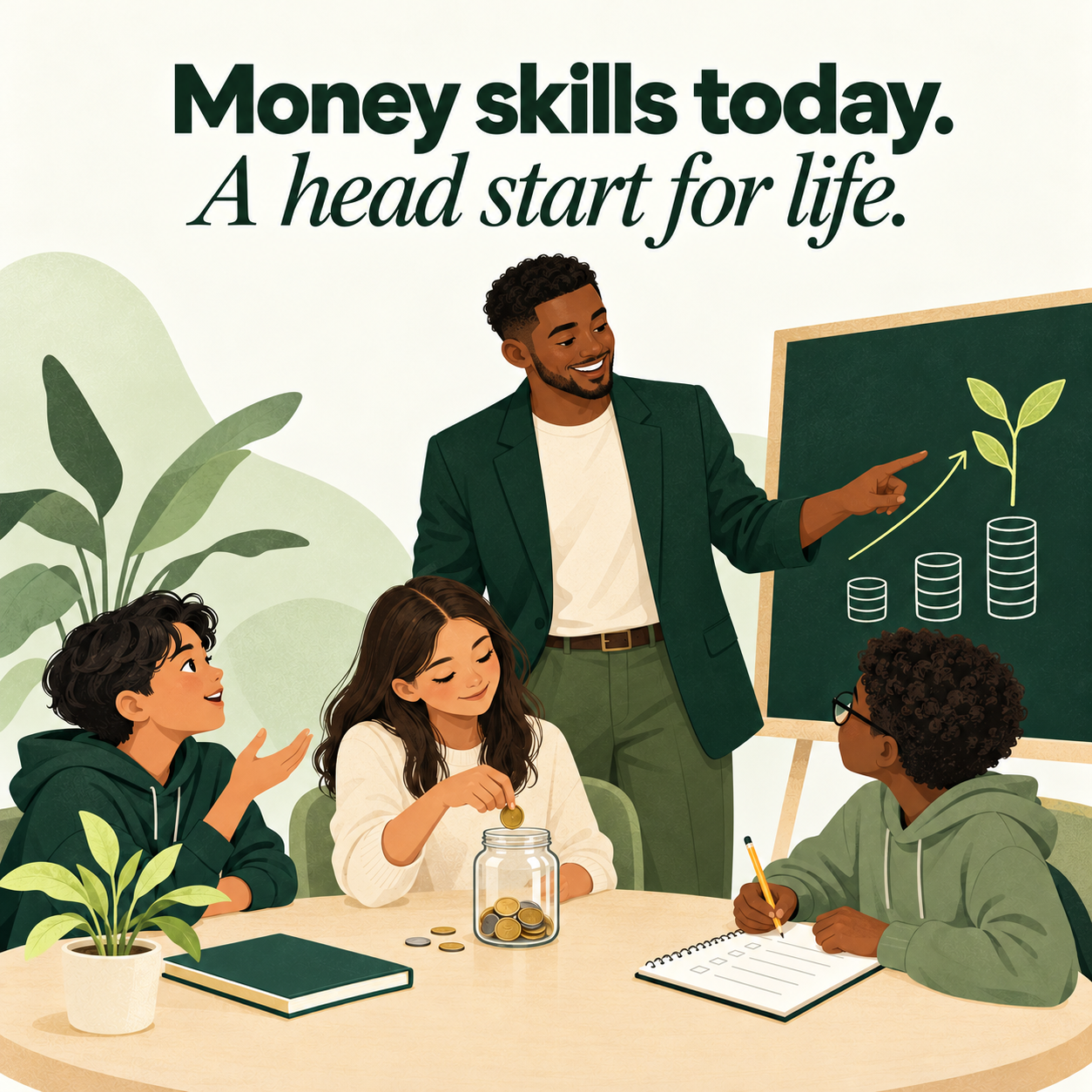 Money skills today. A head start for life. Illustration of a male instructor teaching three young learners about saving, money, and growth.